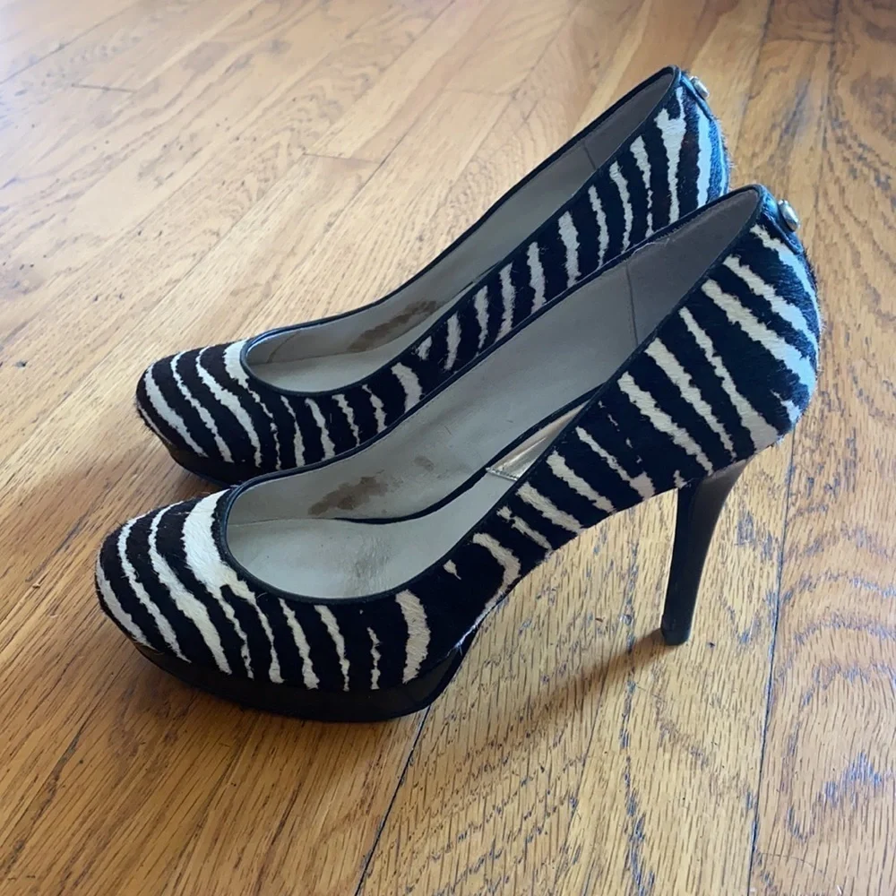 Michael Kors Black and White Zebra Print IONNA Slip On Platform Heels Pumps 6.5